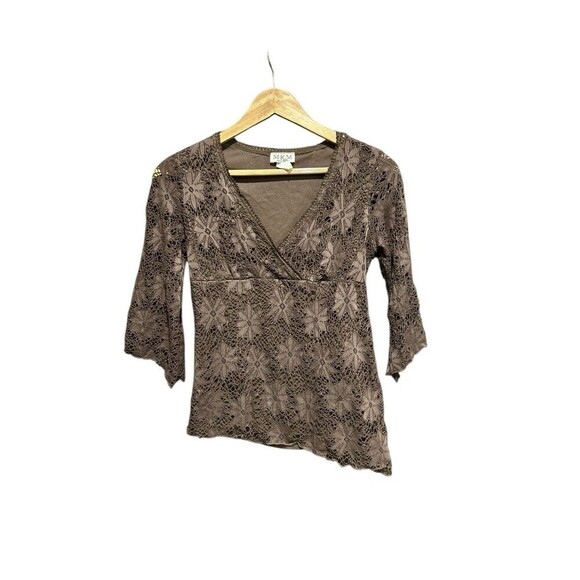 M.K.M Designs Vintage Blouse 90s Y2K Brown Crochet Fairy Cut Womens Size Medium - Picture 2 of 7